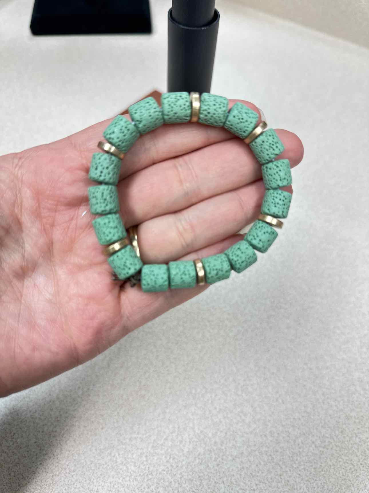 Volcanic Barrel Bead Green Stretch Bracelet