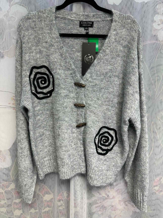 S. Christina NWT NEW 100% Cashmere Floral Button Down Size L/XL Grey Cardigan