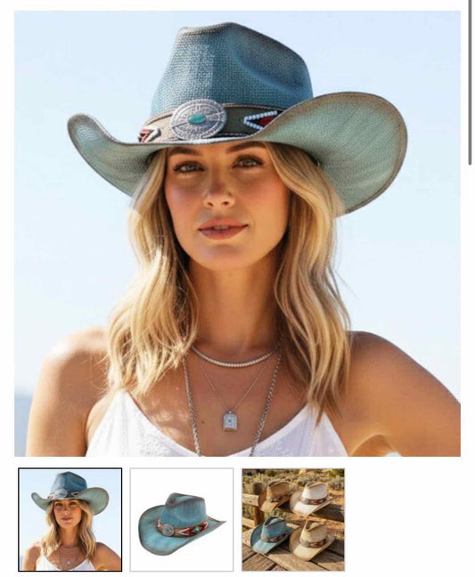 Straw Cowboy Hat With Beaded Band & Turquoise Concho