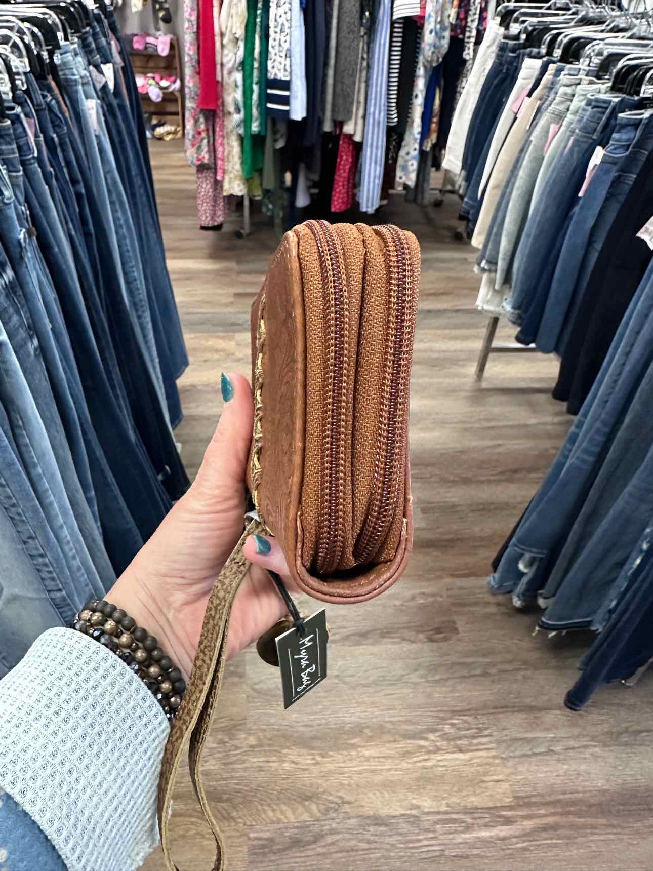 Myra Size RFID Double Zipper Brown Wristlet Wallet