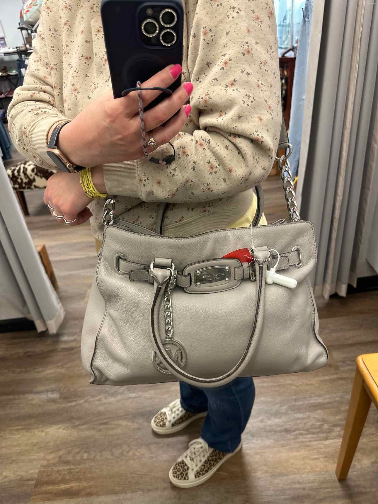 MICHAEL KORS Large Gray Hamilton Leather Satchel Handbag