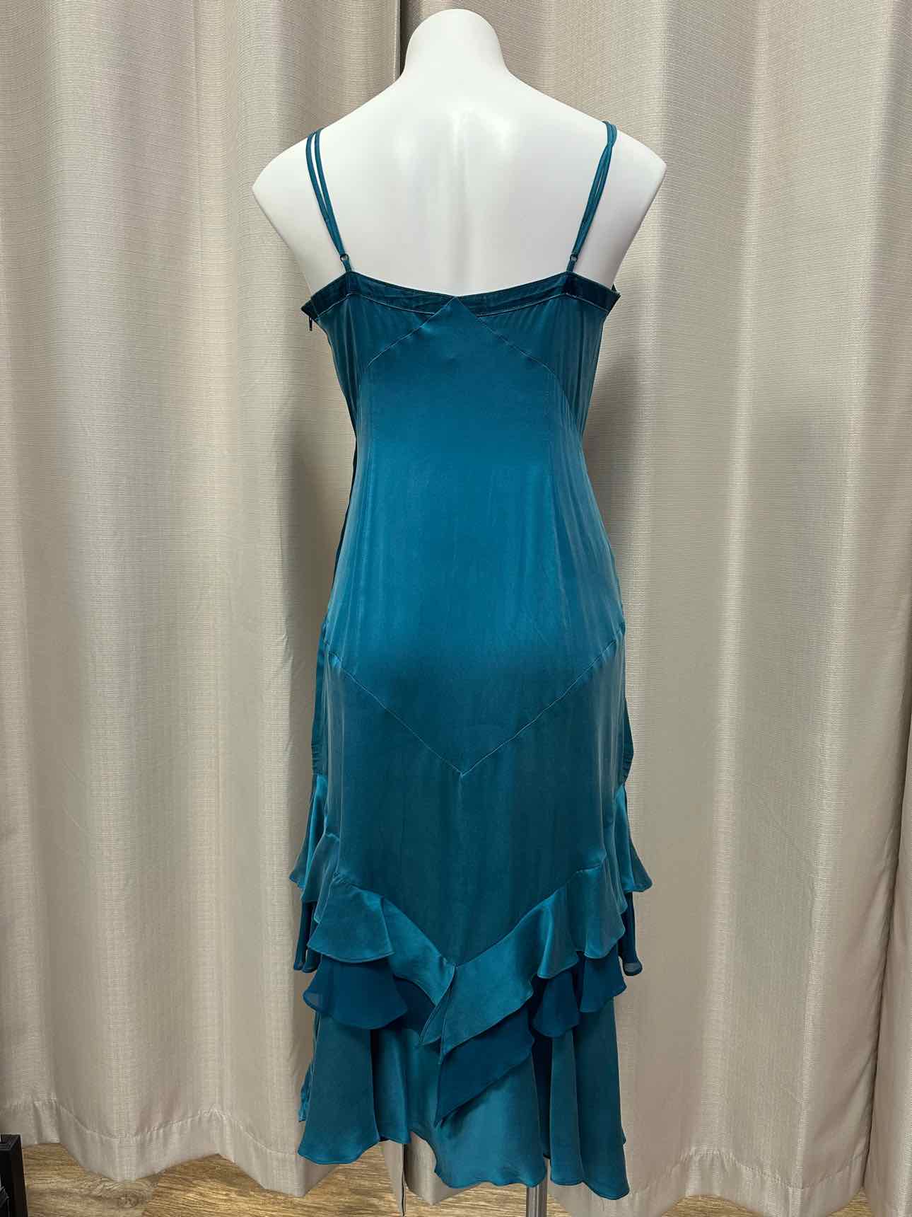 Karen Millen 100% Silk Embroidered Lace Layered Ruffles Size 10 Teal Dress