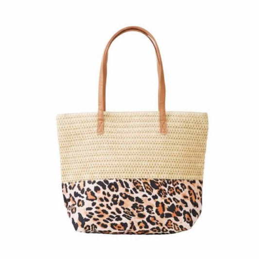 Leopard Print Straw Shoulder Summer Tote Beach Bag