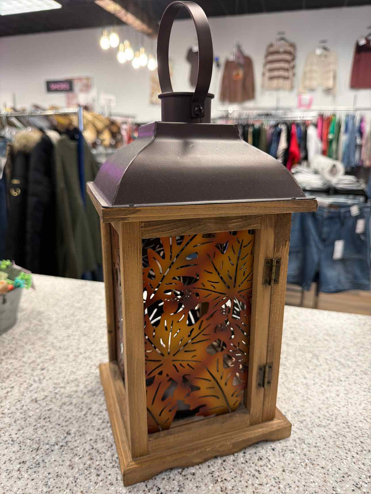 Acorns and Fall Leaves Metal and Wood Lantern Candle Holder Household