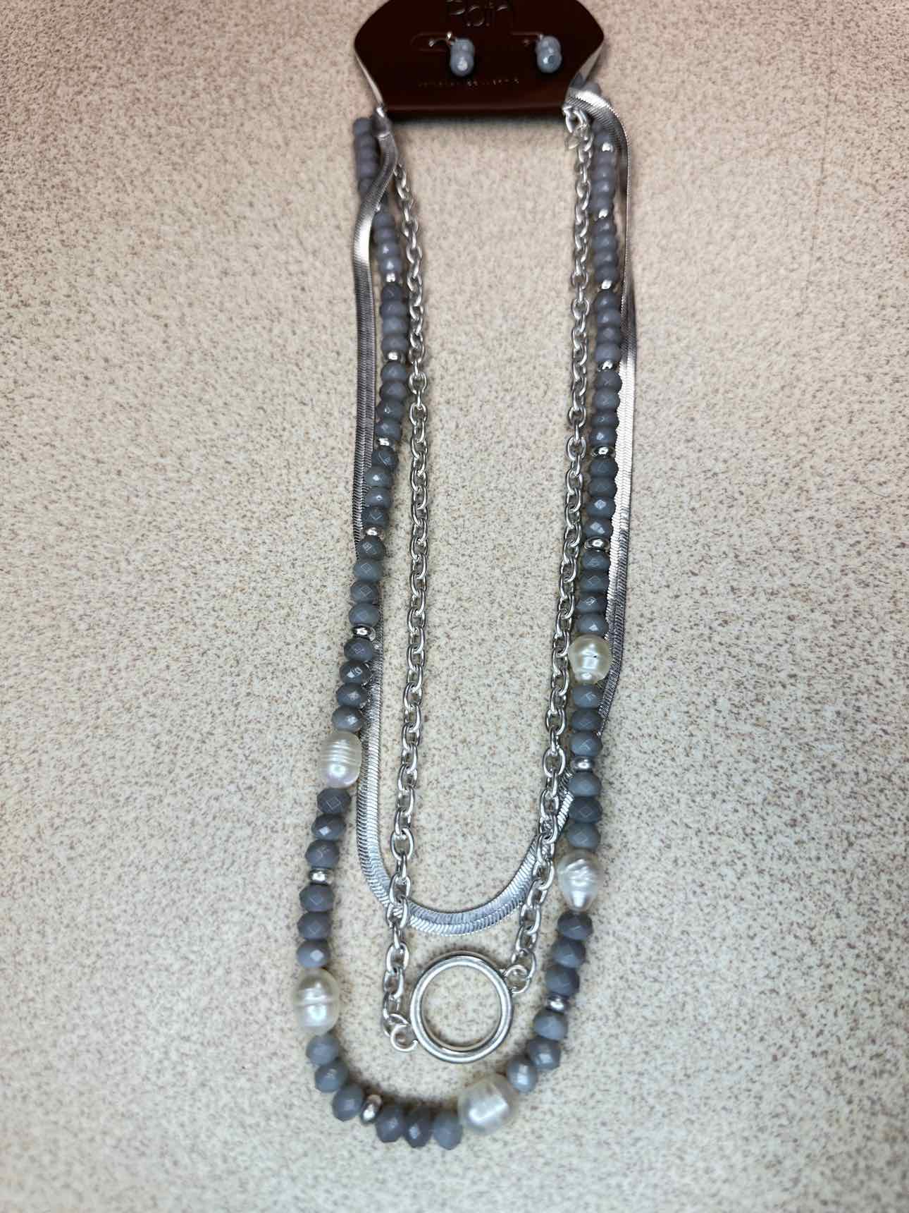 Gray Bead Chain Layering Silver-Tone Adjustable Necklace Earrings Set