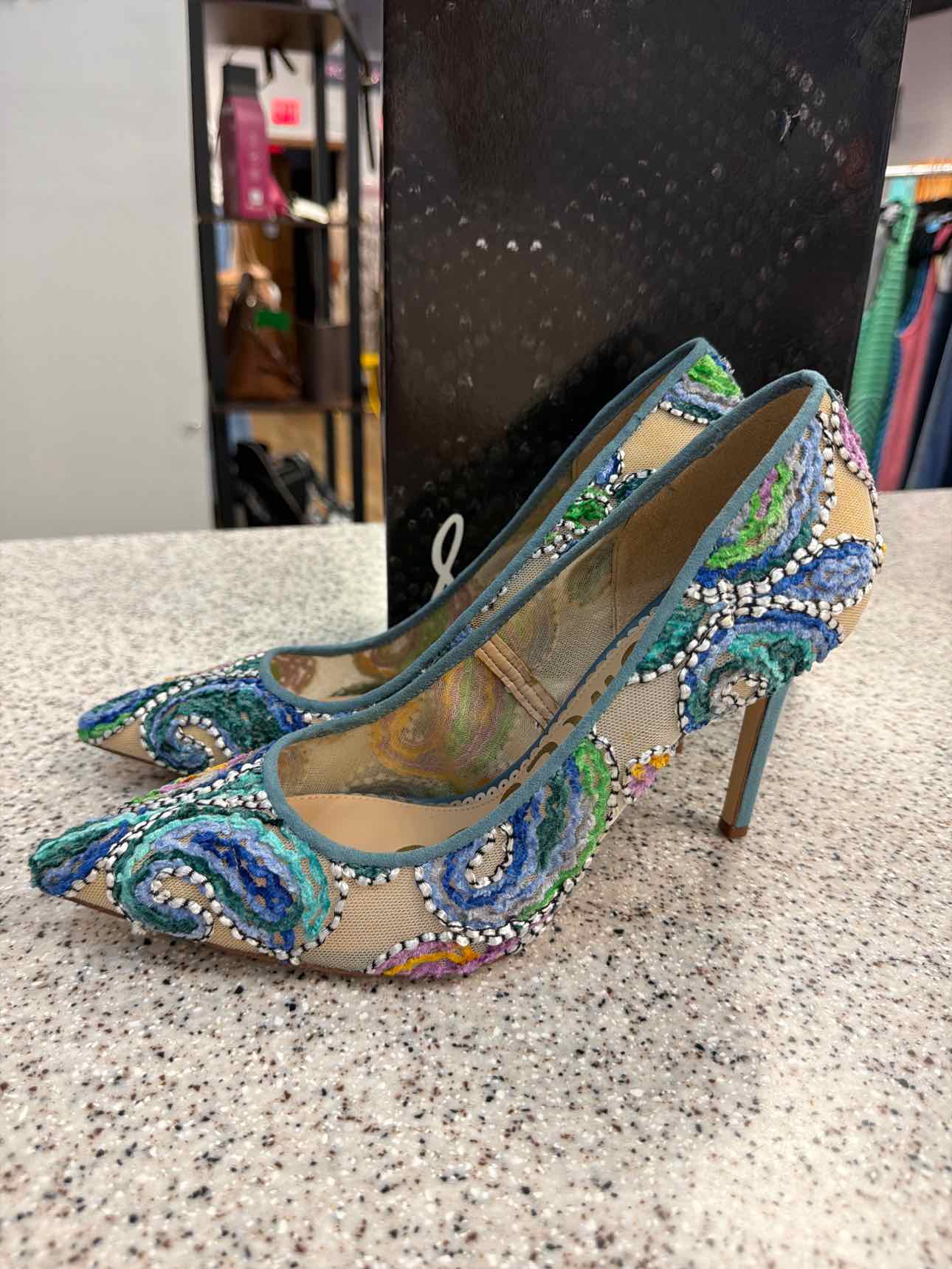 Sam Edelman NEW Hazel Pointed Toe Stiletto Pumps Embroiderd size 10 Blue Teal