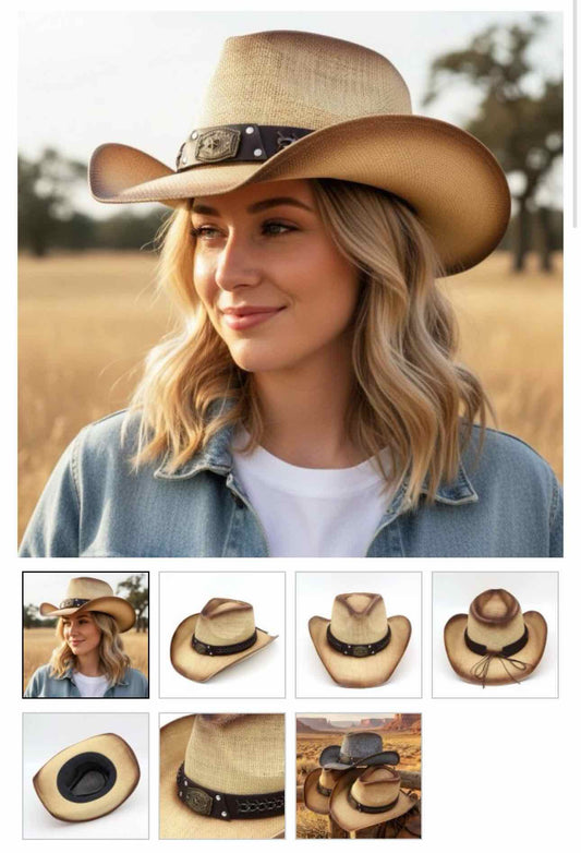 Rustic Cowboy Hat With Chain & Concho Detail & Vegan Leather Band