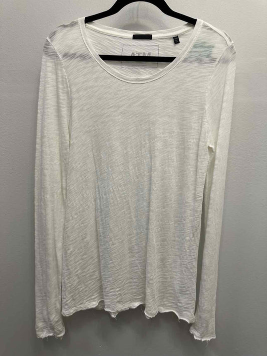 ATM Lightweight Semi Sheer Long Sleeve Distressed Size Medium White Top
