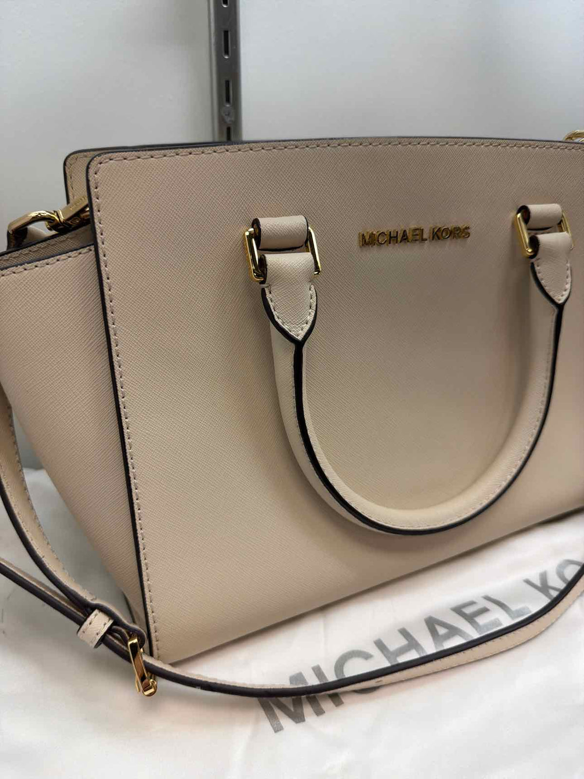 MICHAEL KORS NEW Selma Handle Long Strap Leather Satchel Cream Handbags NWOT