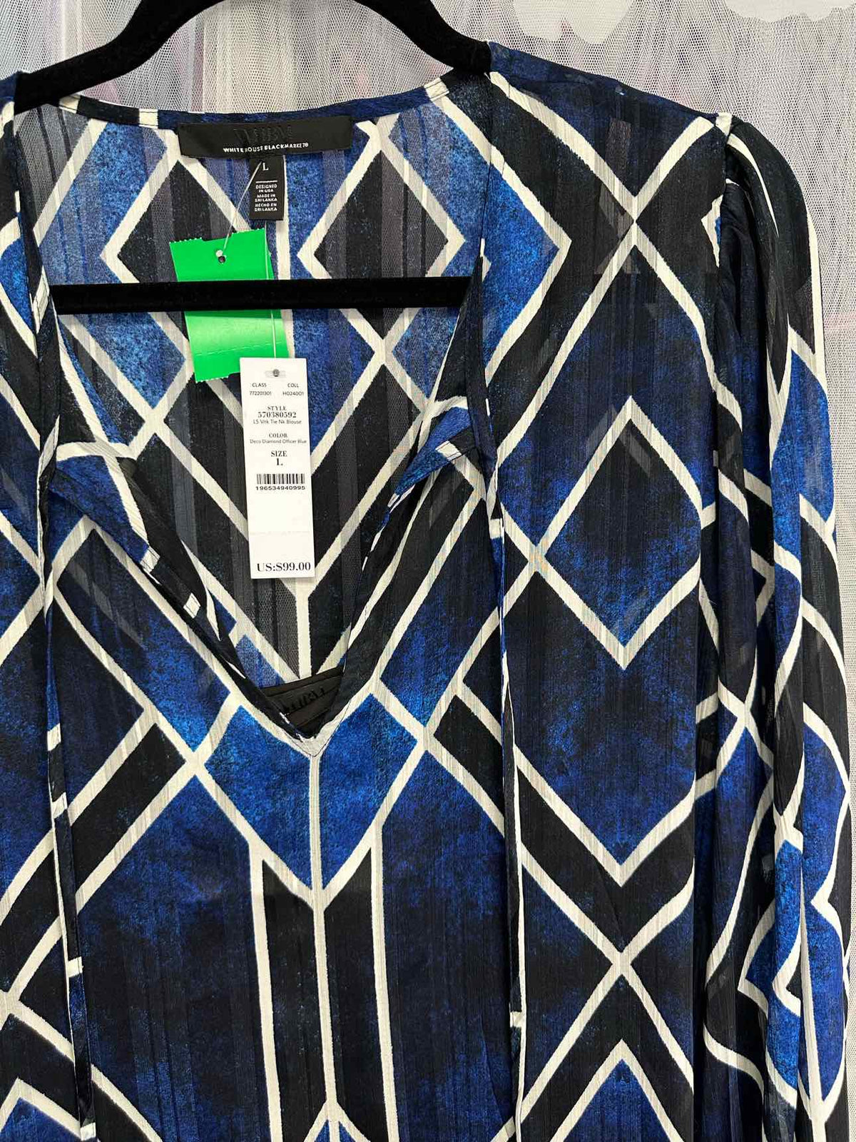 WHBM NEW NWT Sheer Layered Long Sleeve V-Neck Blouse Size Large Black/Blue Top