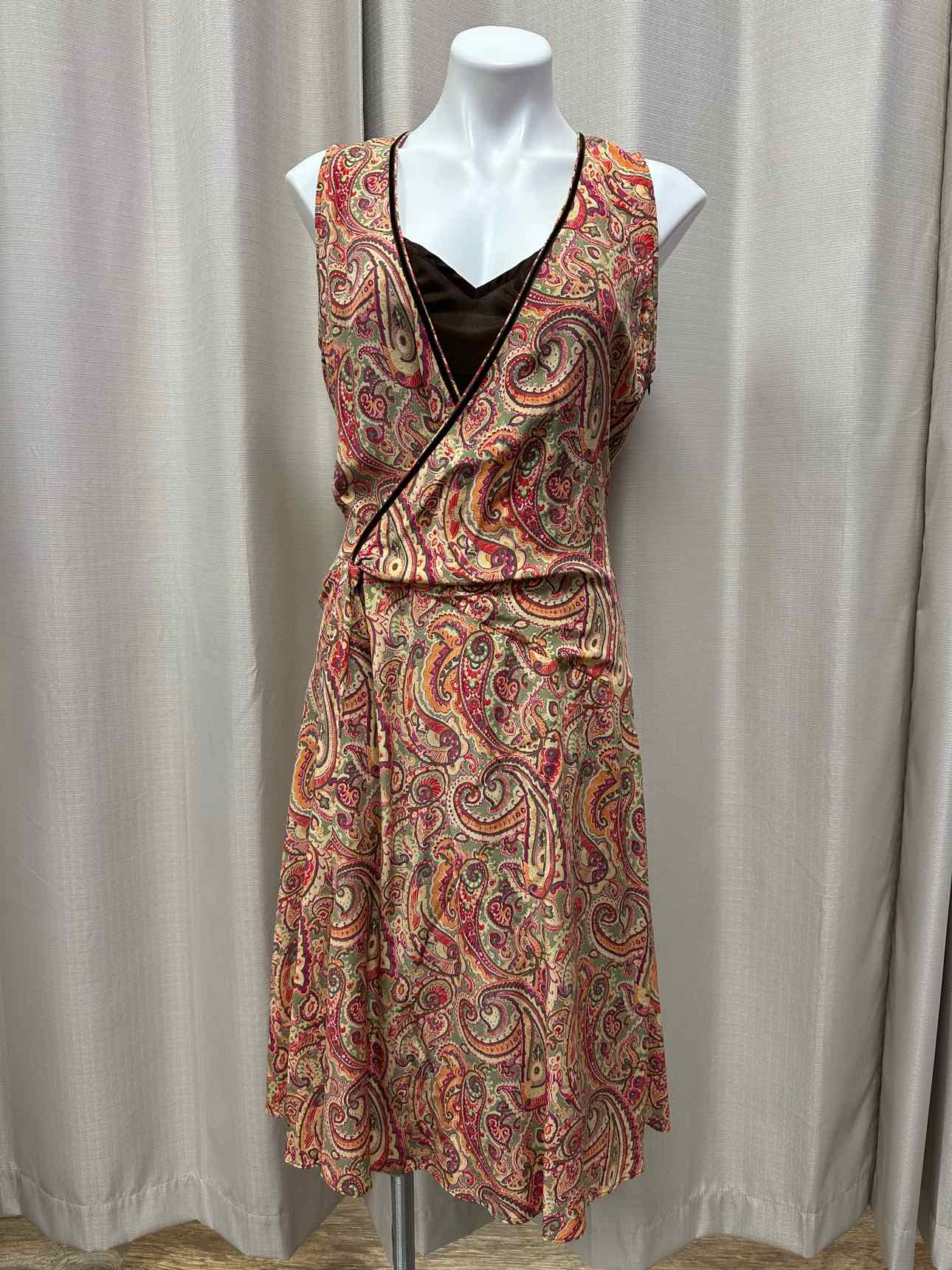 Karen Millen 100% Silk Paisley Print Surplice Layered Shift 10 Tan/Pink Dress