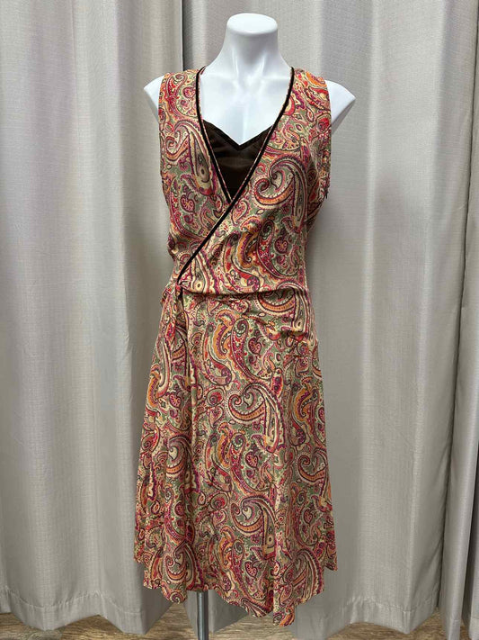 Karen Millen 100% Silk Paisley Print Surplice Layered Shift 10 Tan/Pink Dress