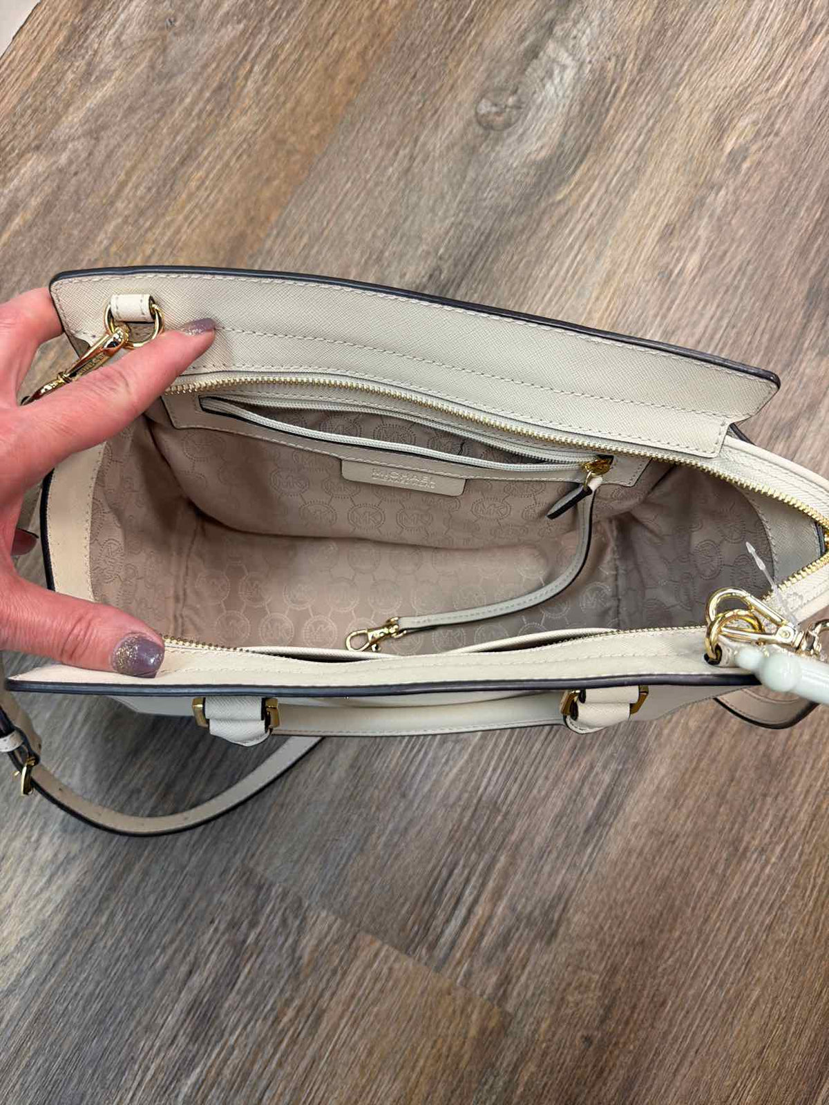 MICHAEL KORS NEW Selma Handle Long Strap Leather Satchel Cream Handbags NWOT