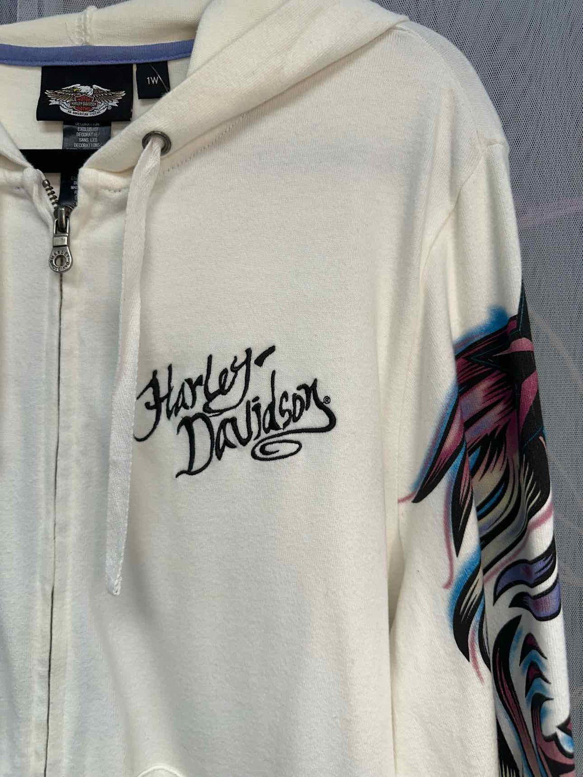 Harley Davidson Print Design Sleeves Zip Up Size 1 White Sweatshirt