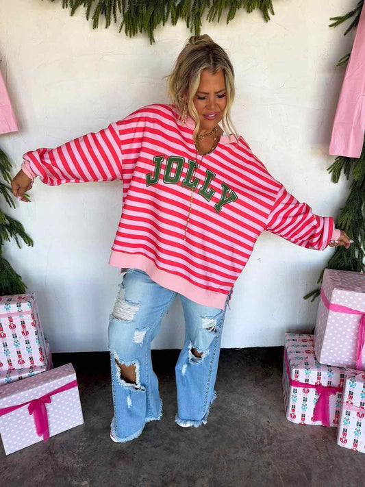 PREORDER! Striped Christmas Holiday Oversized Sweat Shirt Top