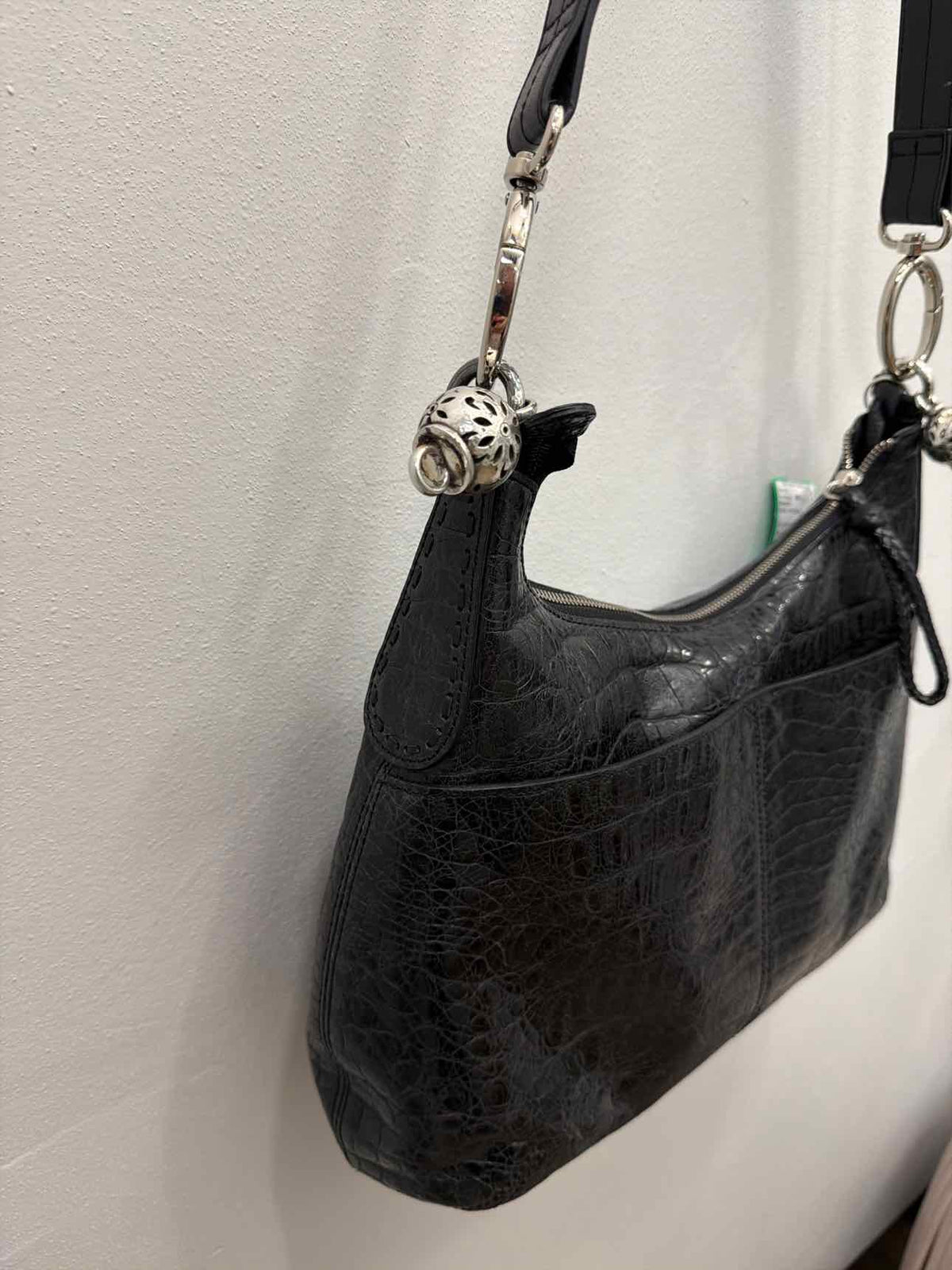 Brighton Block Mock-Croc Black Embossed Patent Leather Shoulder Bag
