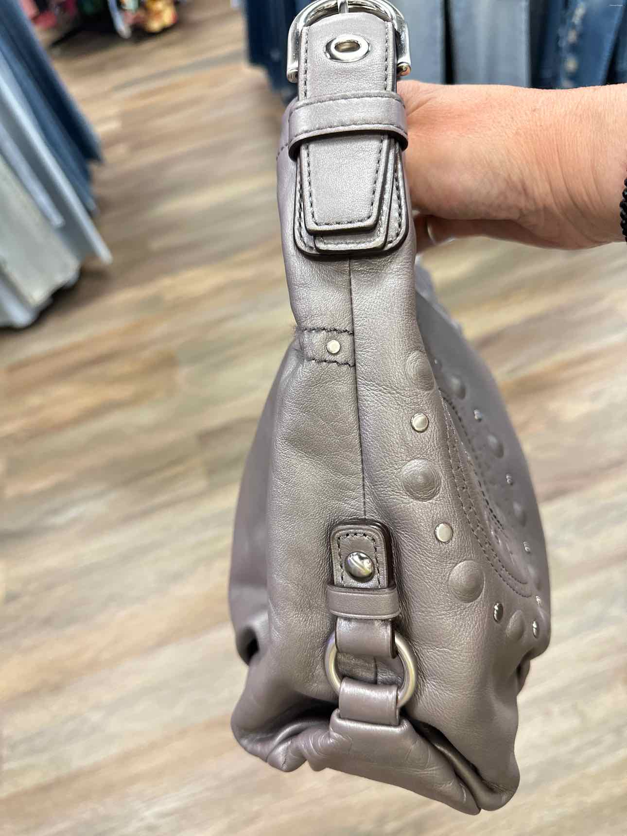Coach Studded Applique Duffel Hobo Grey Leather Shoulder Handbag