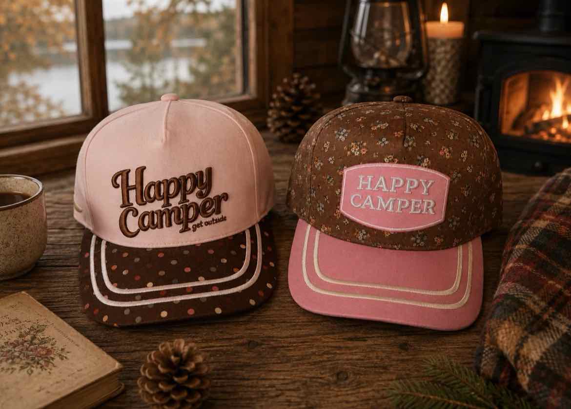 Happy Camper Embroidered Stitching Floral or Dotted Print Trucker Hat