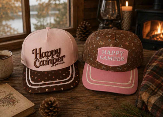 Happy Camper Embroidered Stitching Floral or Dotted Print Trucker Hat