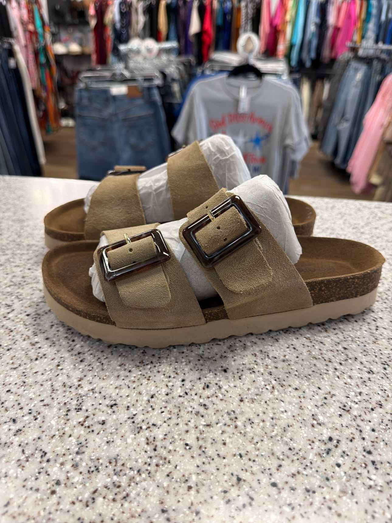 Bio Green Size 40 Suede Double Buckle Slide Cork Sandals Beige