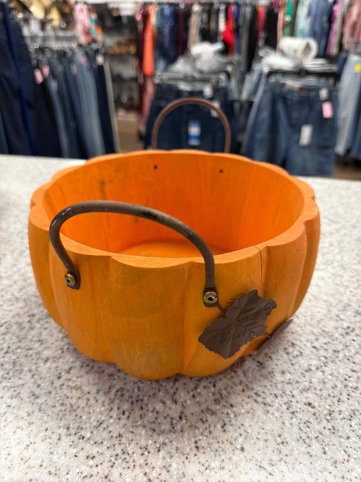 Wood Painted Pumpkin Basket Metal Handles Leaves Household