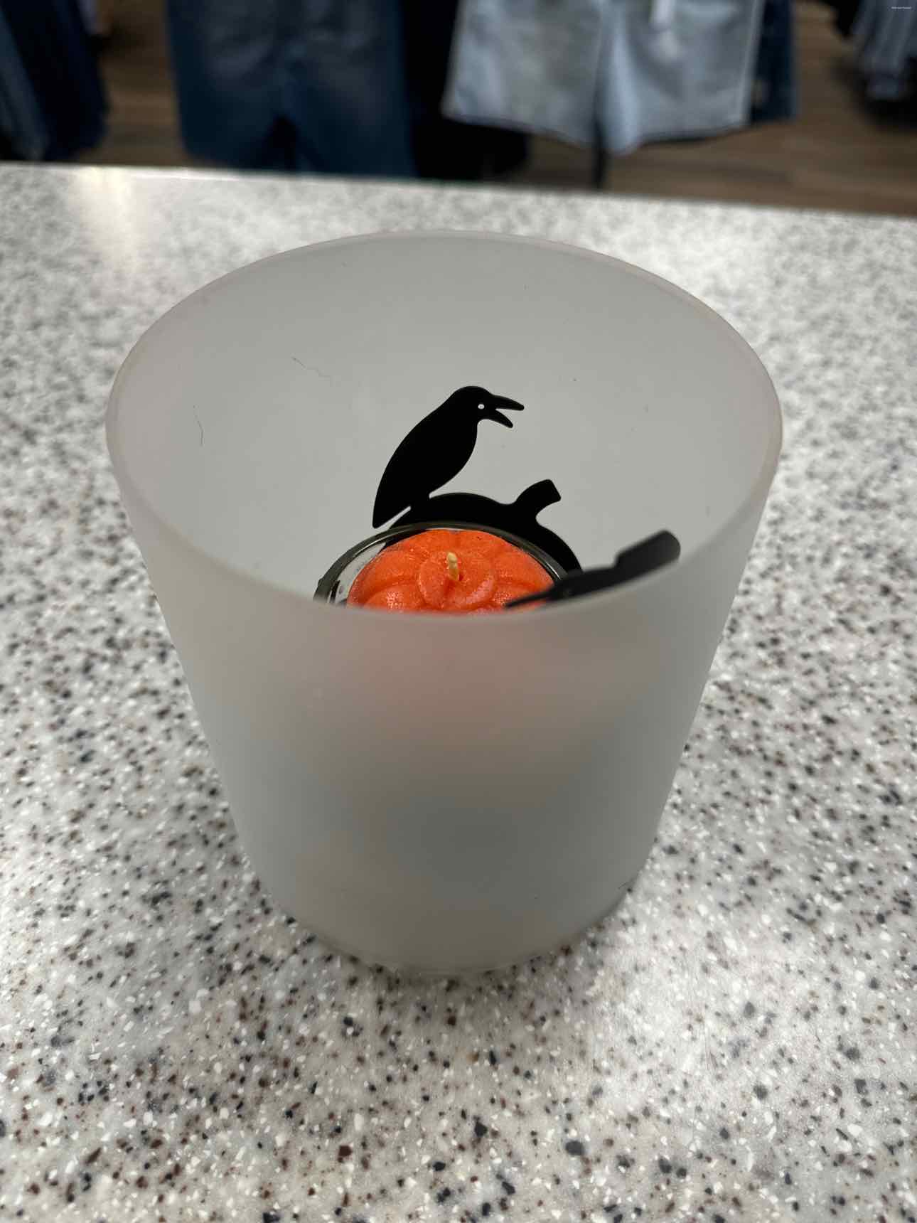Partylite Frosted Glass Crow and Pumpkins Halloween Shadow Candle Holder