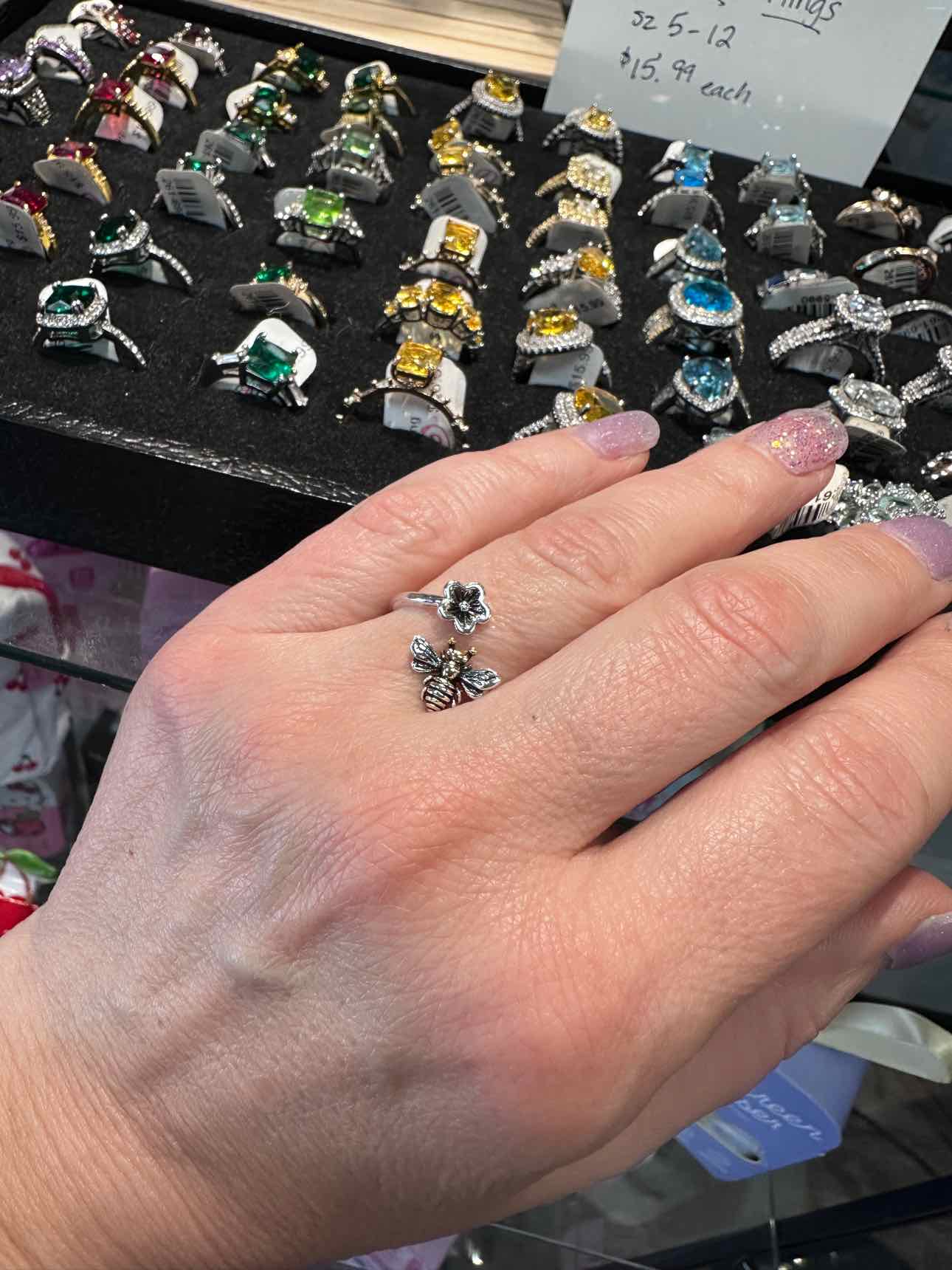 Bee and Flower Adjustable Silver-Tone Ring