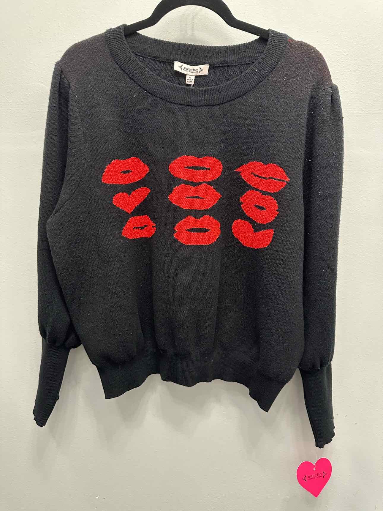 Nanette Lepore NEW NWT Lipstick Heart Design Crewneck Size XL Black Sweater