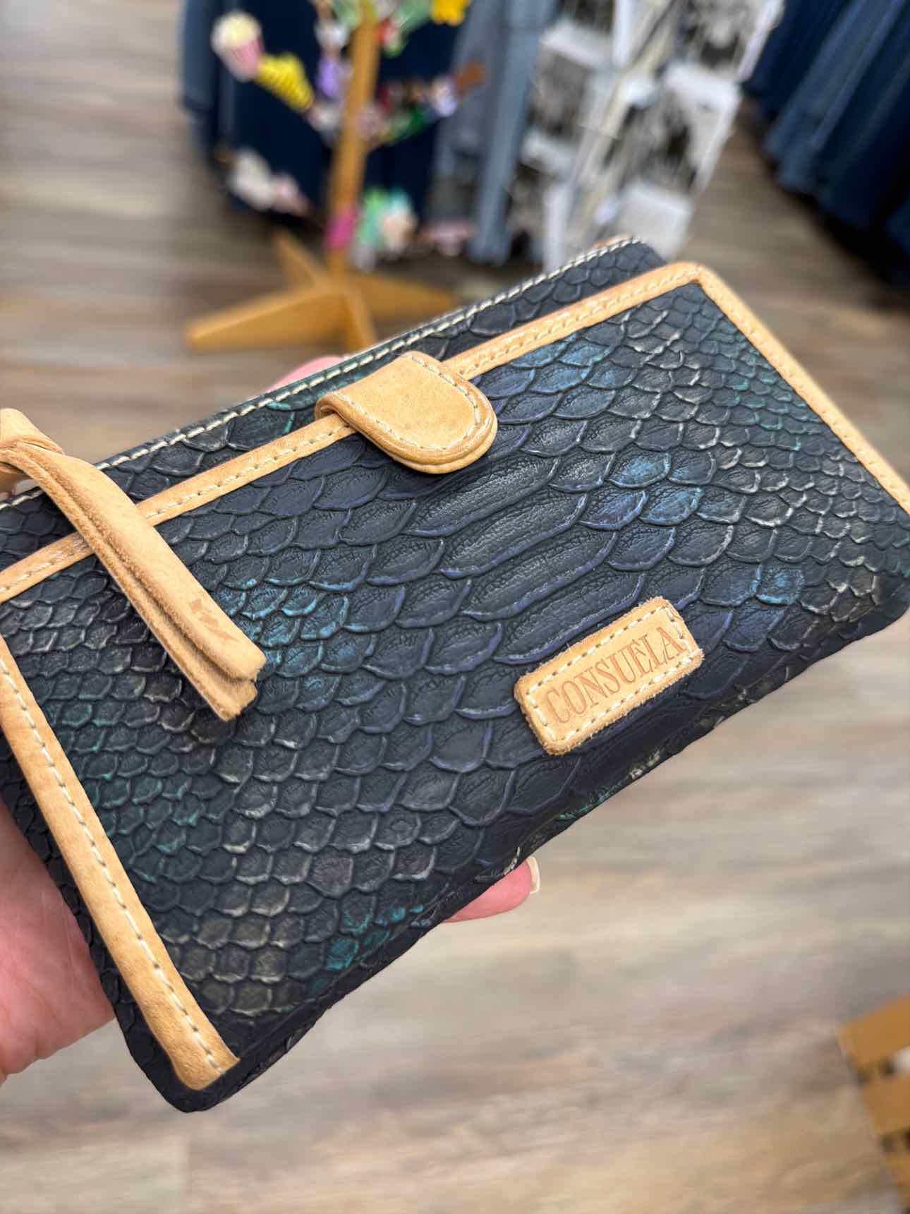 Consuela Rattler Slim Snake Embossed Long Black Wallet