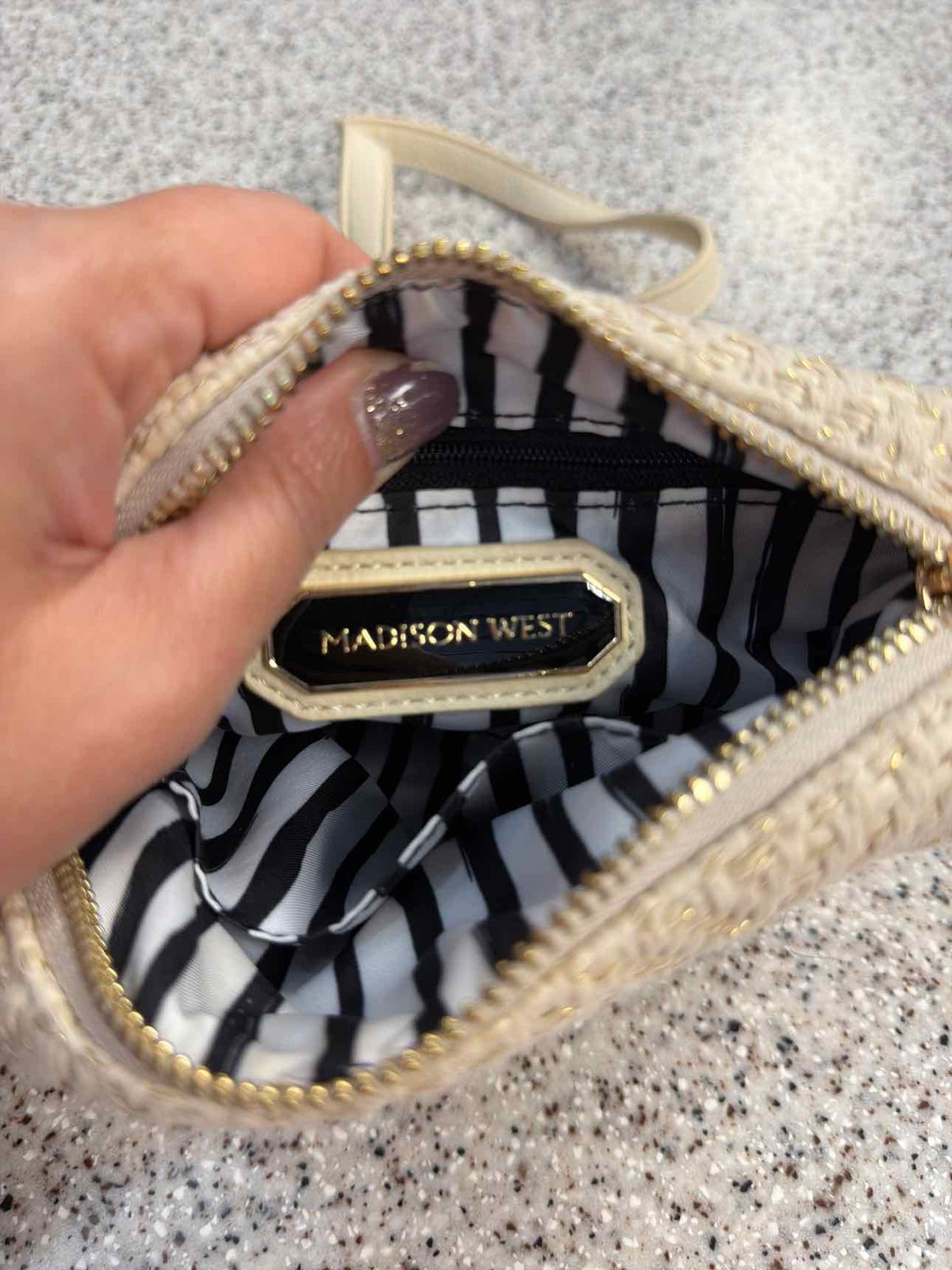 Madison West Cream Woven Canvas Gold Shimmer Crossbody Wristlet