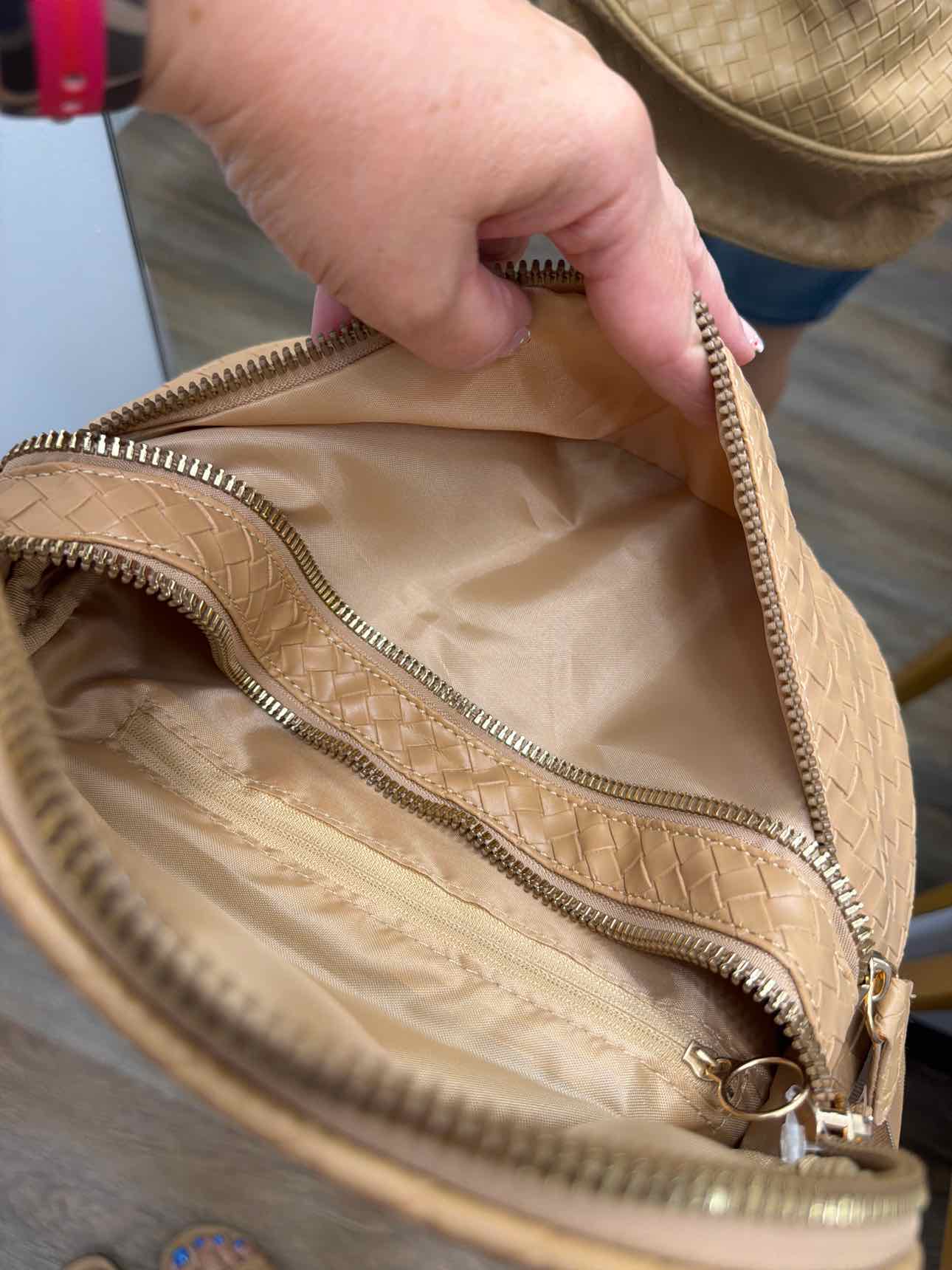 NEW woven faux leather multipocket waist bag crossbody Tan Handbags