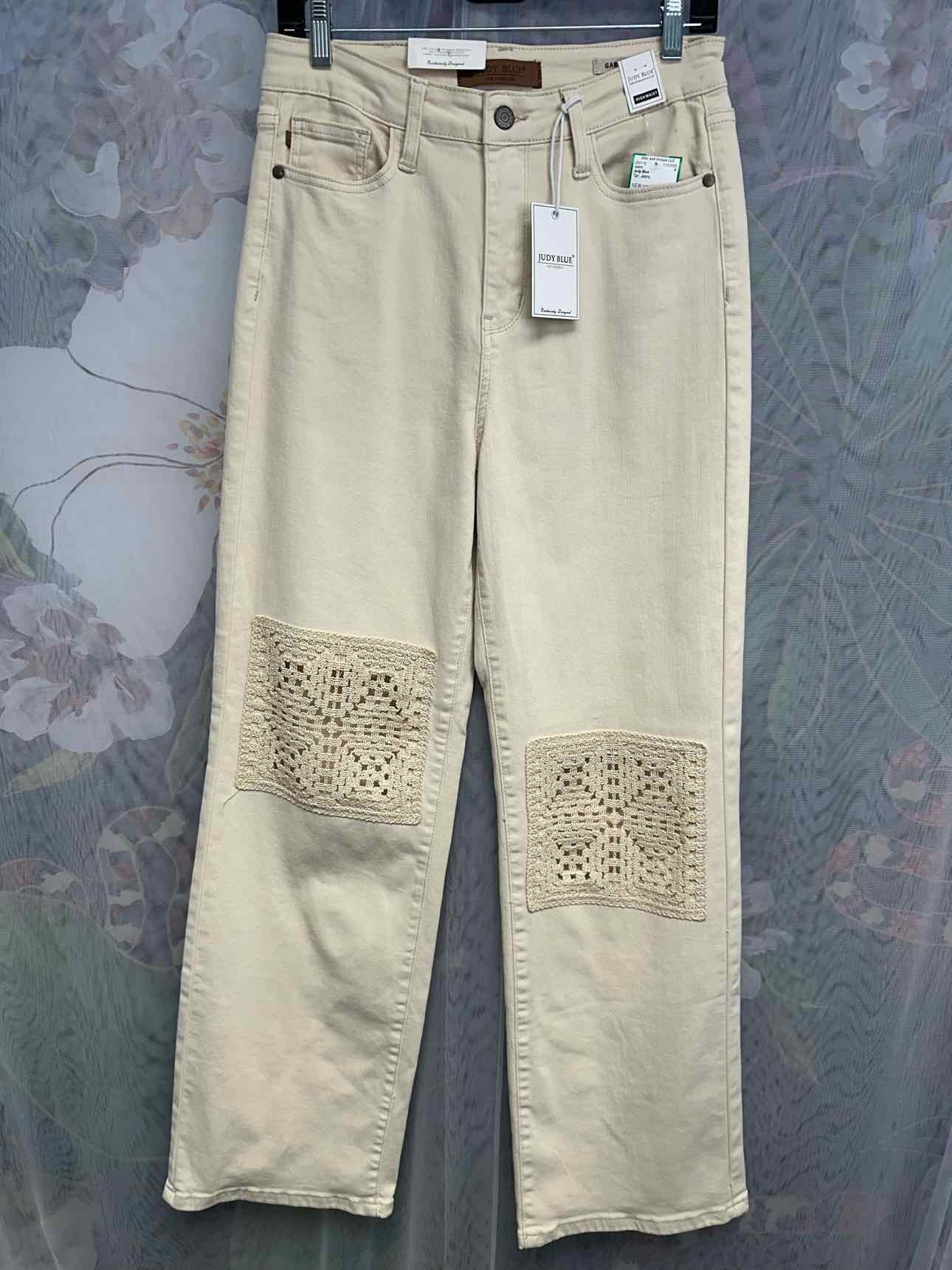 Judy Blue NEW NWT Crochet Knee Patch Wide Leg High Waist Size 9/29 Tan Jeans