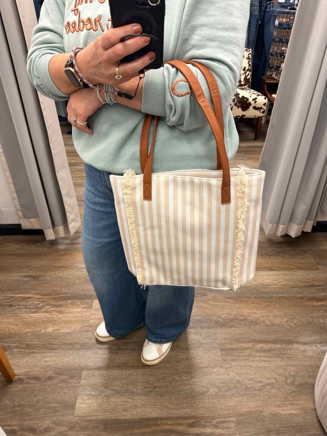Stripe Canvas Tote Bag With Fringe Detail & Vegan Leather Handles