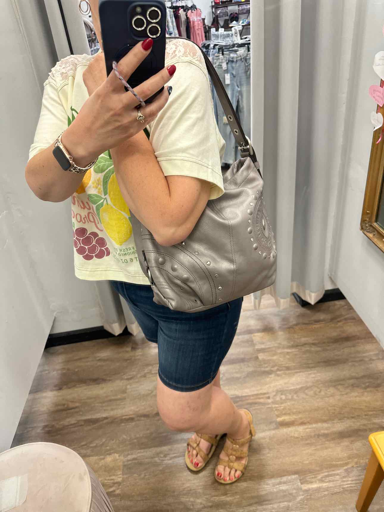 Coach Studded Applique Duffel Hobo Grey Leather Shoulder Handbag