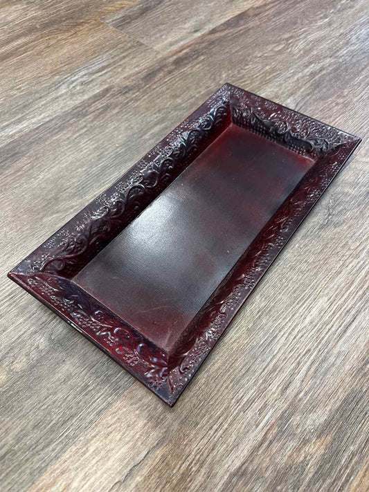 Metal Decorative Embossed Floral Pattern Tray Maroon Home Decor
