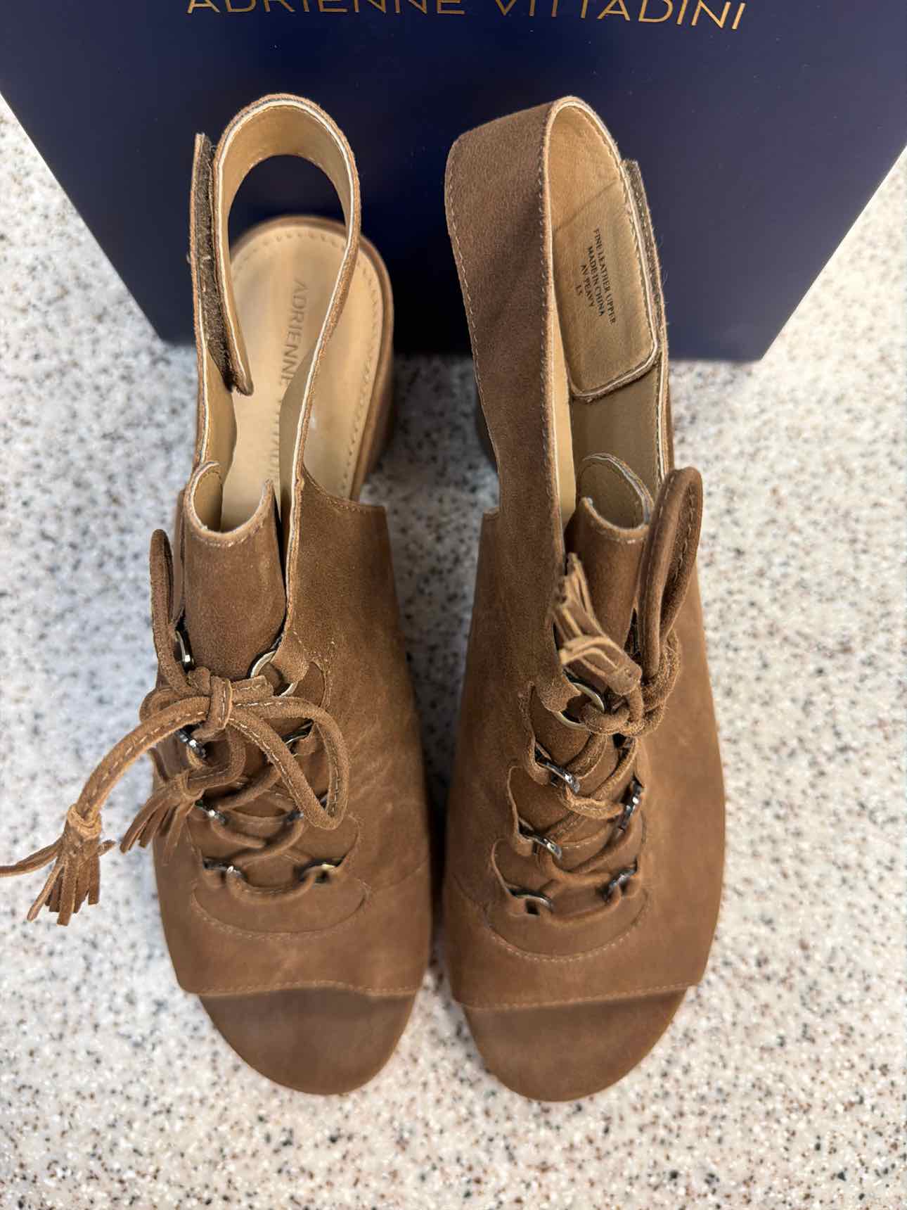 Adrienne Vittadini Size 10 Suede Open Toe Lae Up Block Heel Booties Brown NEW