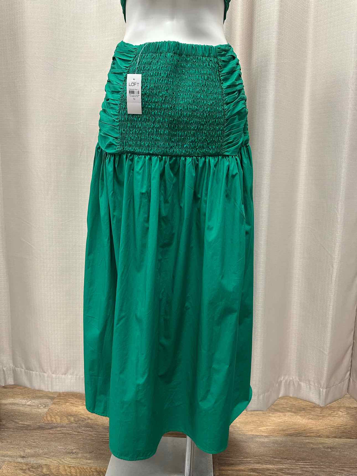 LOFT NEW NWT Poplin Midi Ruched Cut-Out Waist Open Back Tie Size 10 Green Dress