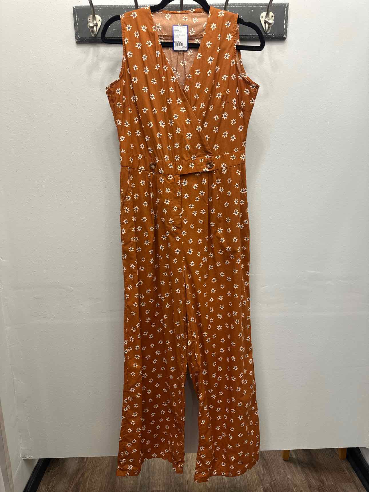 Cotton Daisy Floral Print Size M/L Rust Wide Leg Jumpsuit