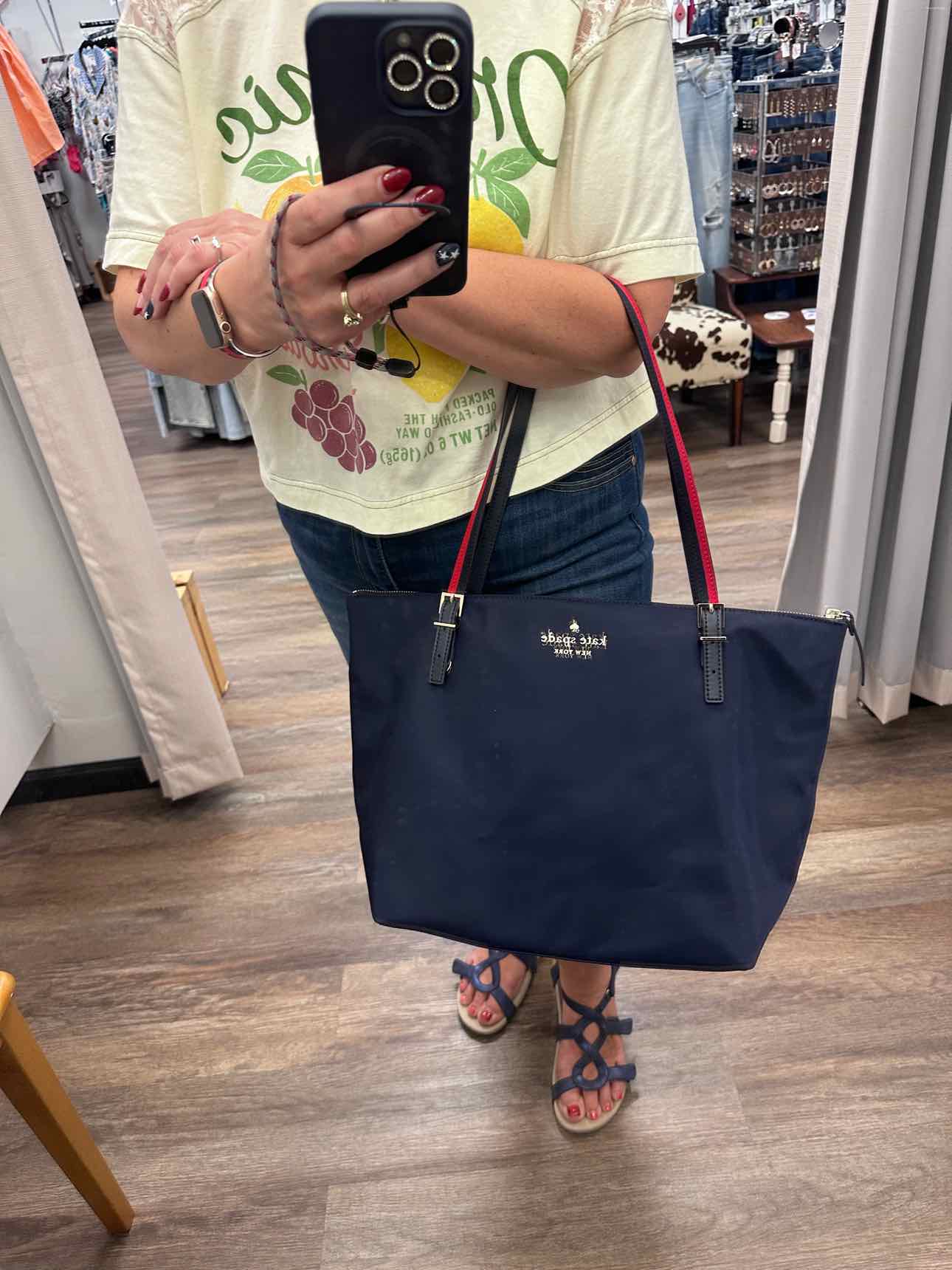 Kate Spade Watson Lane Varsity Stripe Maya Nylon Tote Navy Handbags