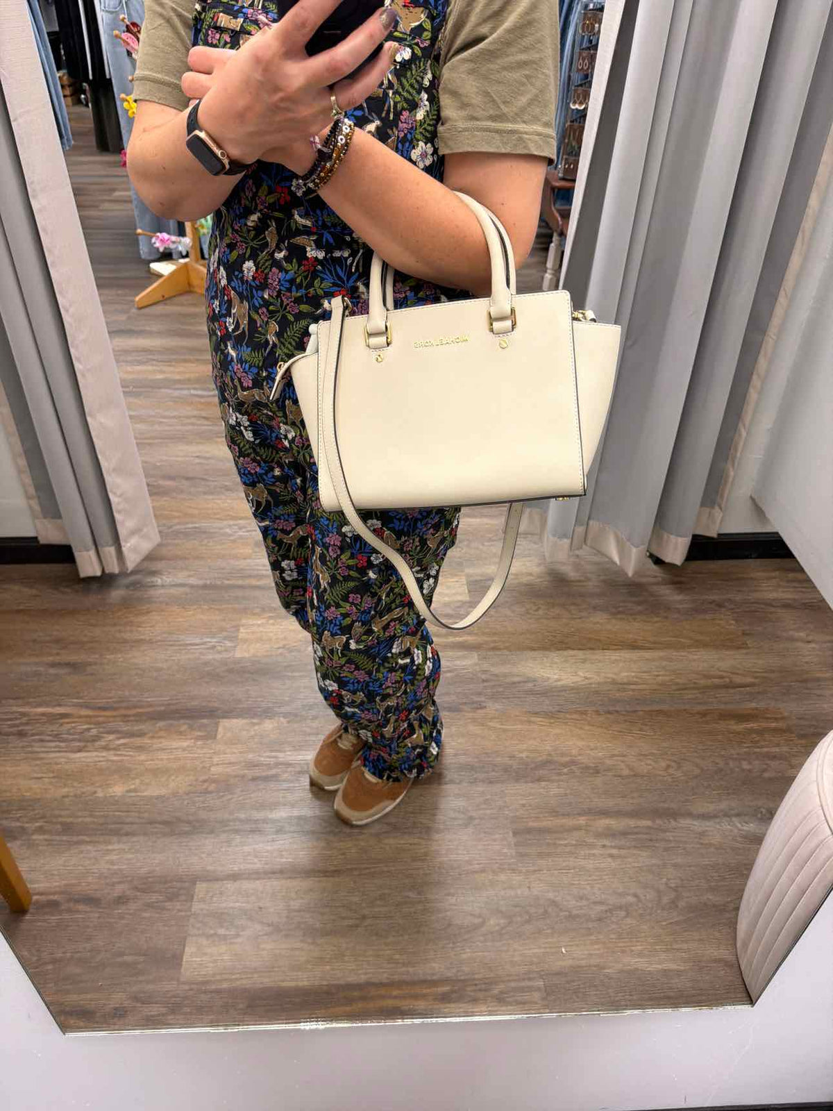 MICHAEL KORS NEW Selma Handle Long Strap Leather Satchel Cream Handbags NWOT