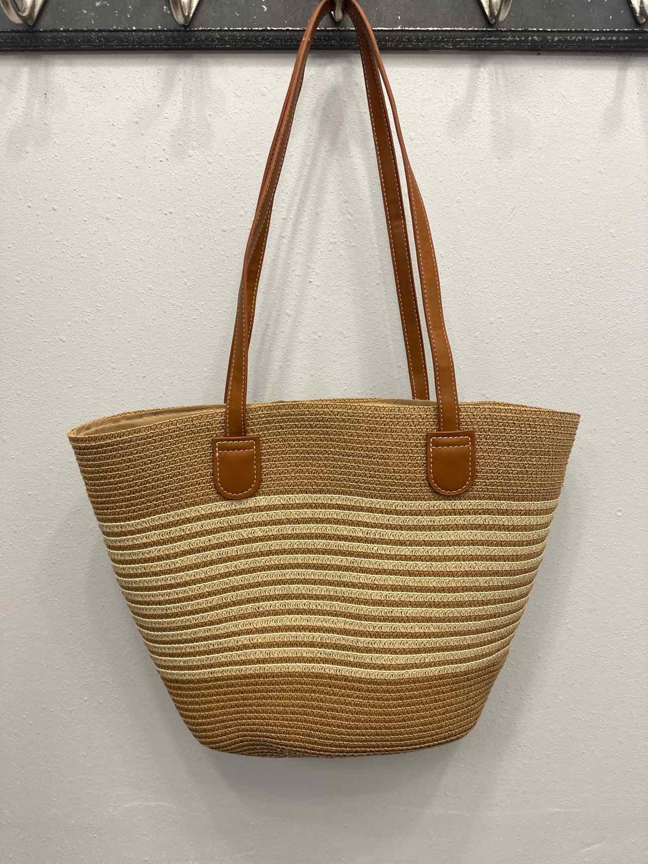 Woven Straw Tote Bag With Fanned Stripes Detail