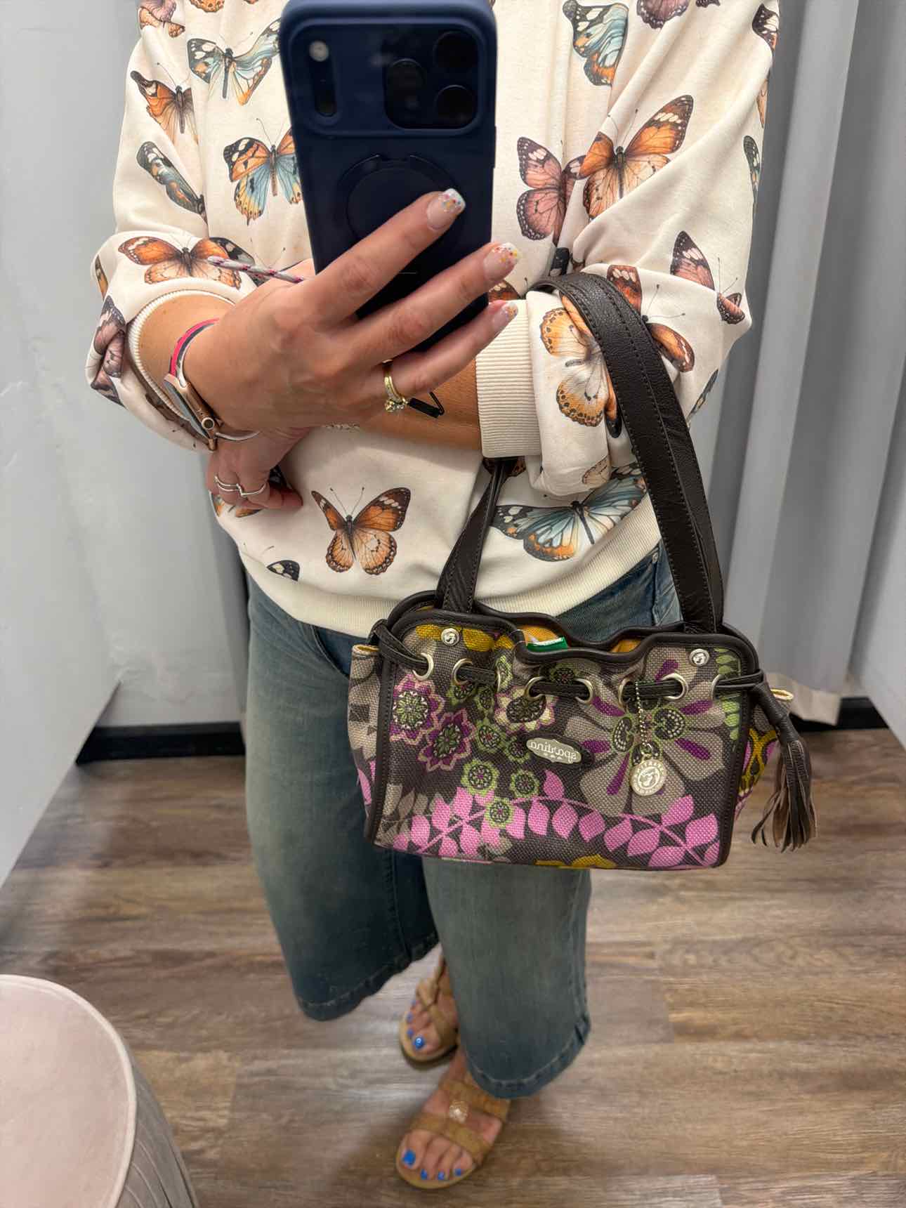Spartina 449 Brown Purple Floral Hobo Canvas Shoulder Bag Handbags