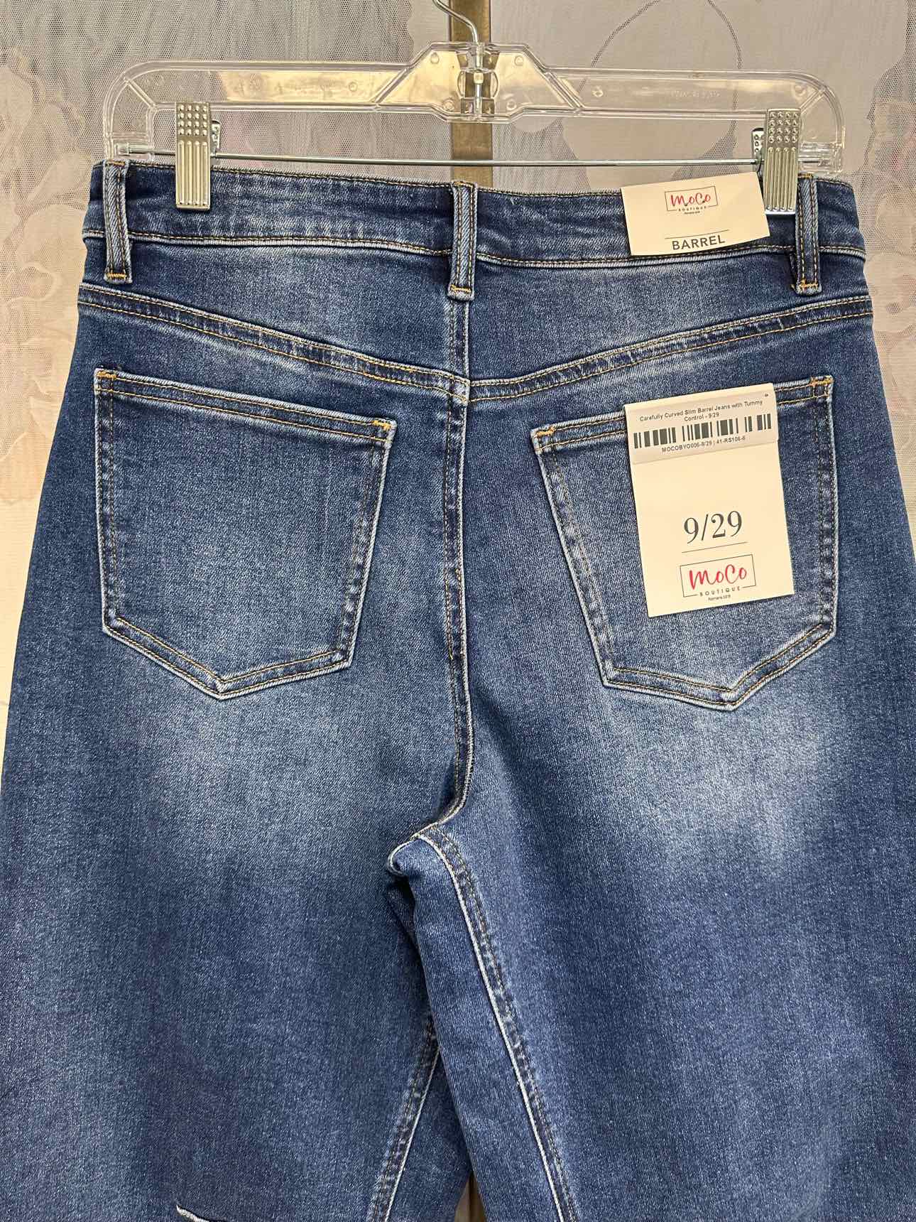 MoCo 9/29 Carefully Curved Slim Tummy Control Barrel Denim Jeans