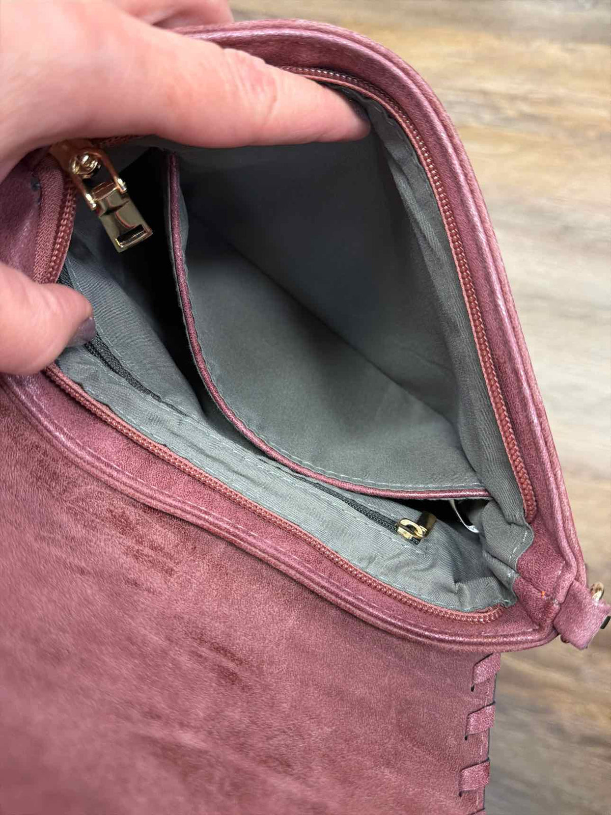 Mauve Faux Leather Clutch Whipstitched Edge