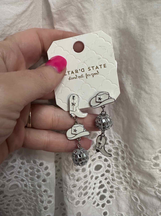 altar'd state Cowgirl Boots White Enamal Post Earrings 2.25"