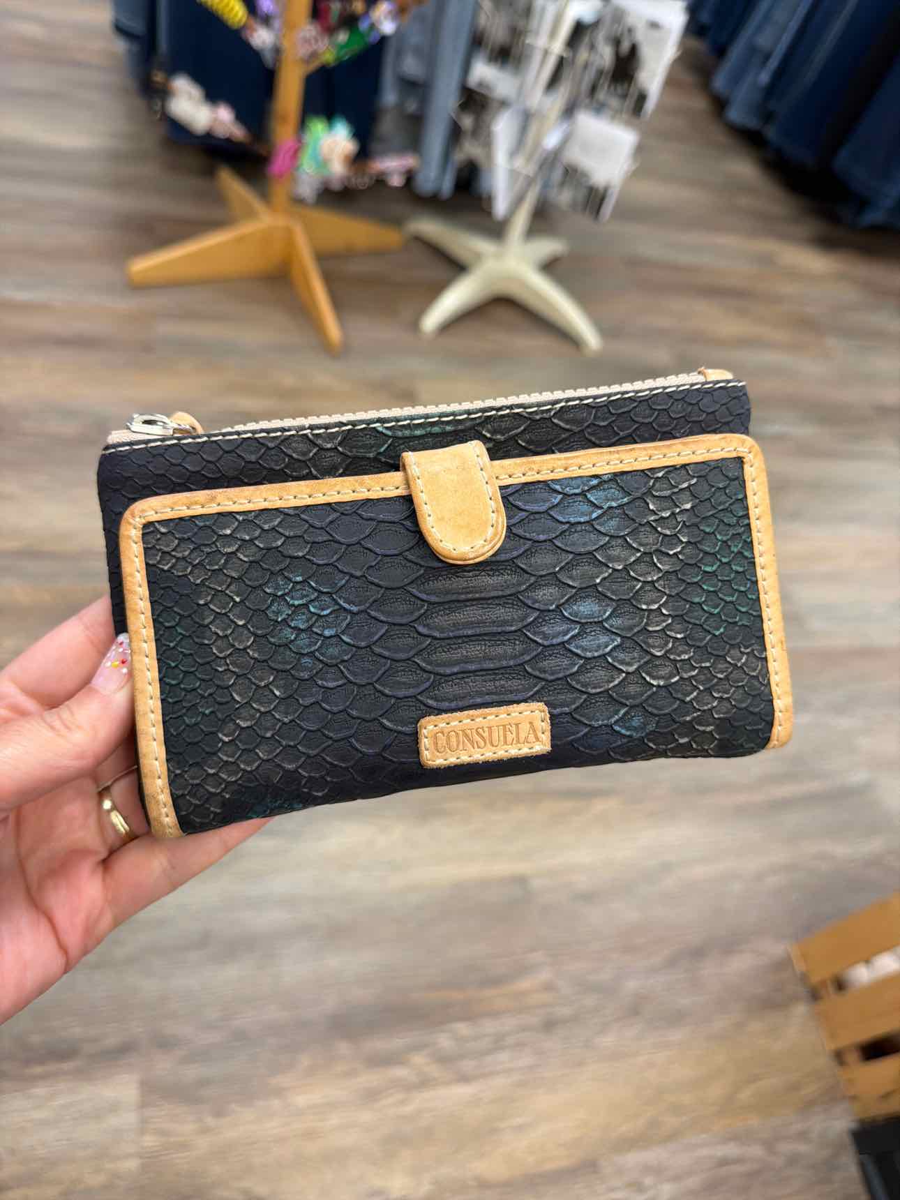 Consuela Rattler Slim Snake Embossed Long Black Wallet