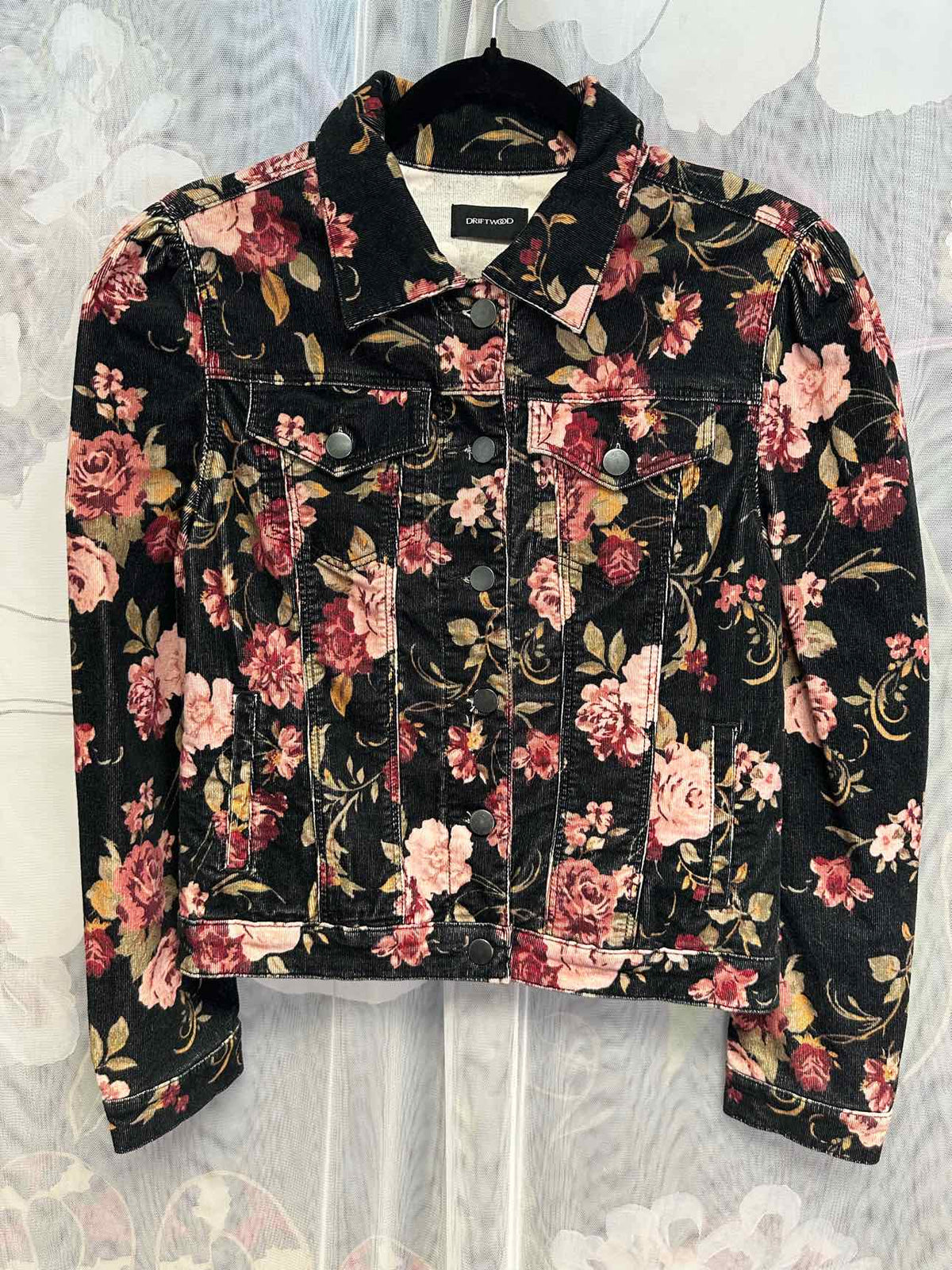 Driftwood Faux Suede Ribbed Floral Button Down Classic Small Black/Pink Jacket