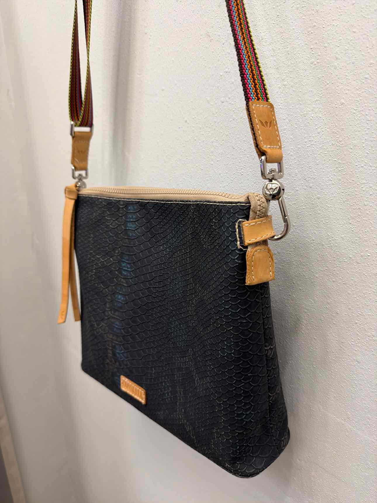 Consuela Rattler Downtown Crossbody Snakeskin Ebossed Leather Black Handbags