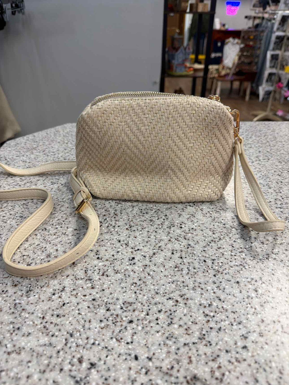 Madison West Cream Woven Canvas Gold Shimmer Crossbody Wristlet