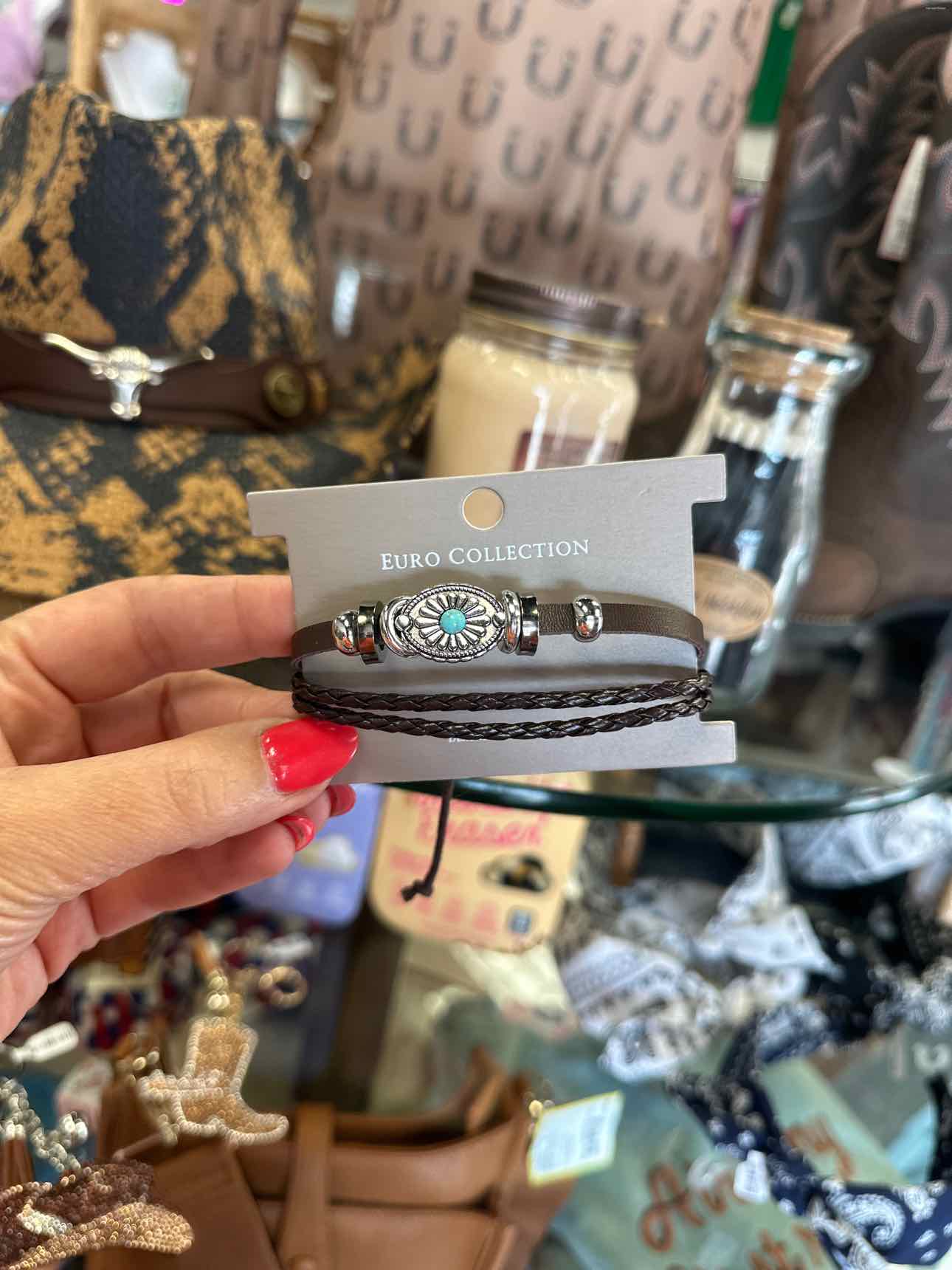 Western Triple Strand Adjustable Braided Turquoise Silver-Tone Bracelet